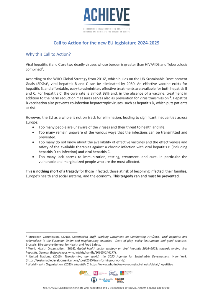 Viral Hepatitis Archives EASL The Home Of Hepatology   ACHIEVE Call To Action For The New EU Legislature 2024 2029 349 Page 1 722x1024 